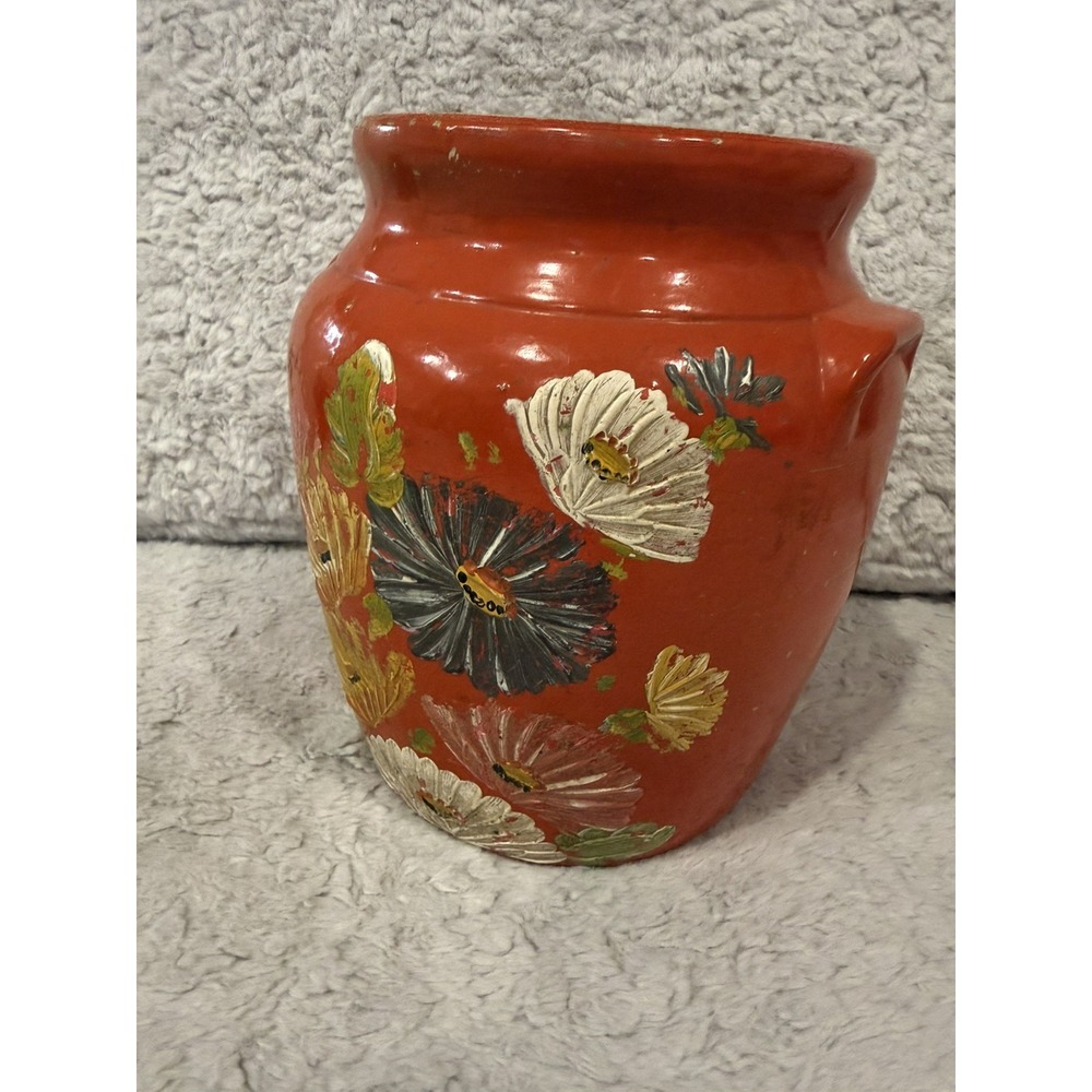 Vtg Eared Crock Stoneware Handpainted Flowers Colored Double Handle